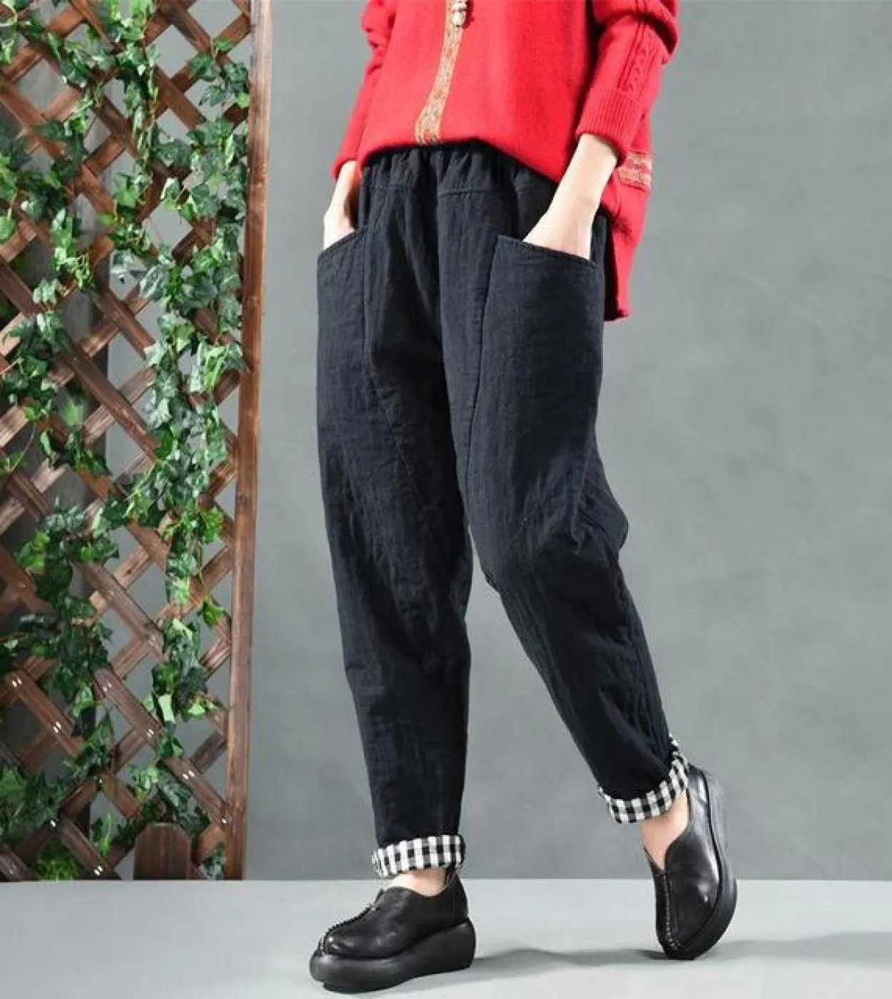 Autunno Inverno New Arts Style Donna Elastico in vita Pantaloni Harem in lino di cotone sciolto Pantaloni vintage in cotone trap